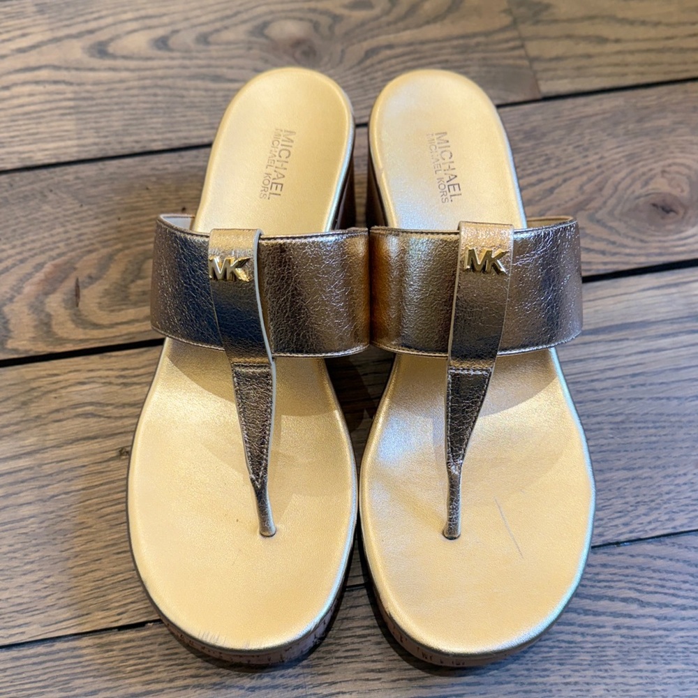 Michael Kors Metallic Gold Leather Thong Sandals
